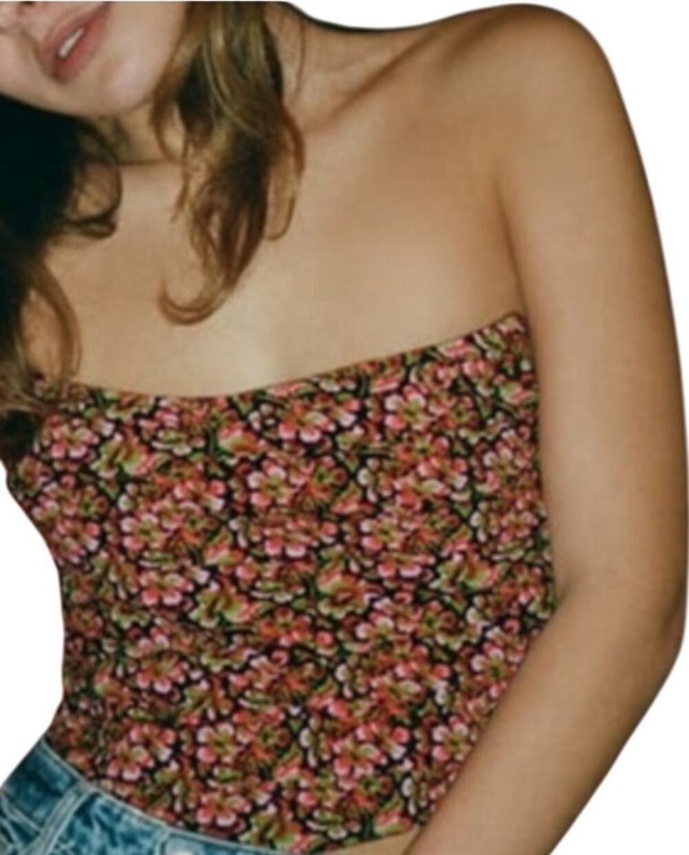 ZARA Floral Crop Top Corset Lined Strapless Tube Hook & Eye Multicolor XS